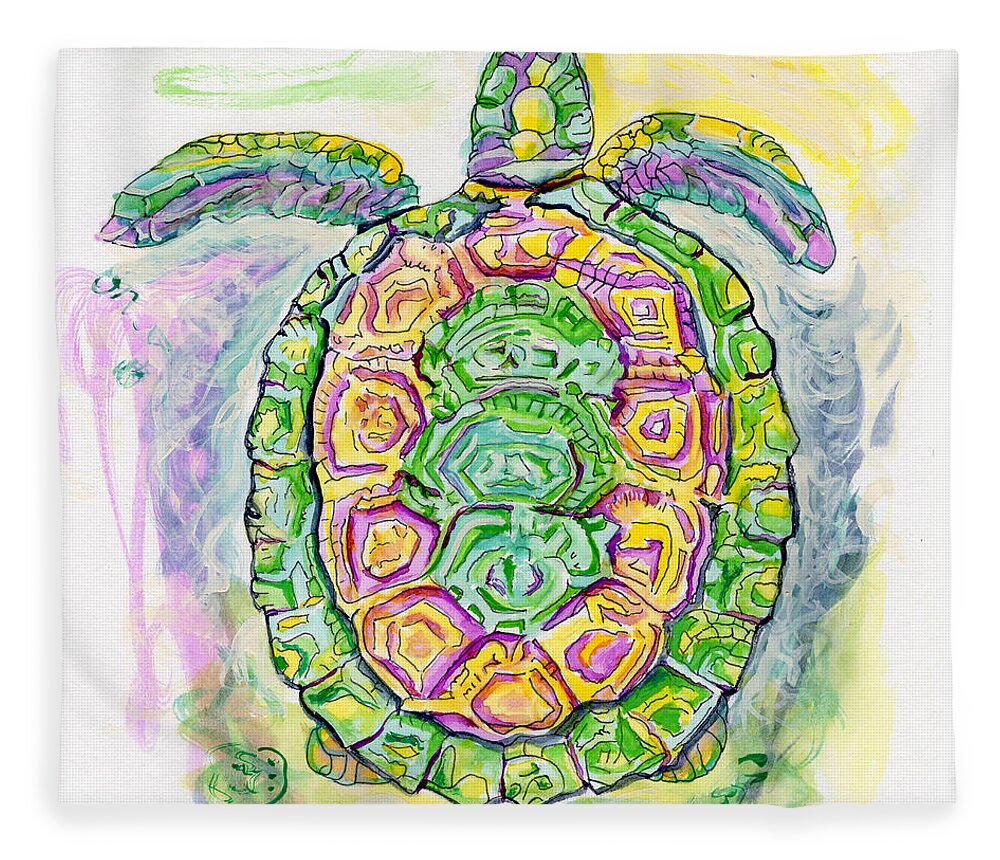 Purple Fleece Blanket featuring the painting Purple Blue Yellow Sea Watercolor Series 2 Turtle by Shelly Tschupp