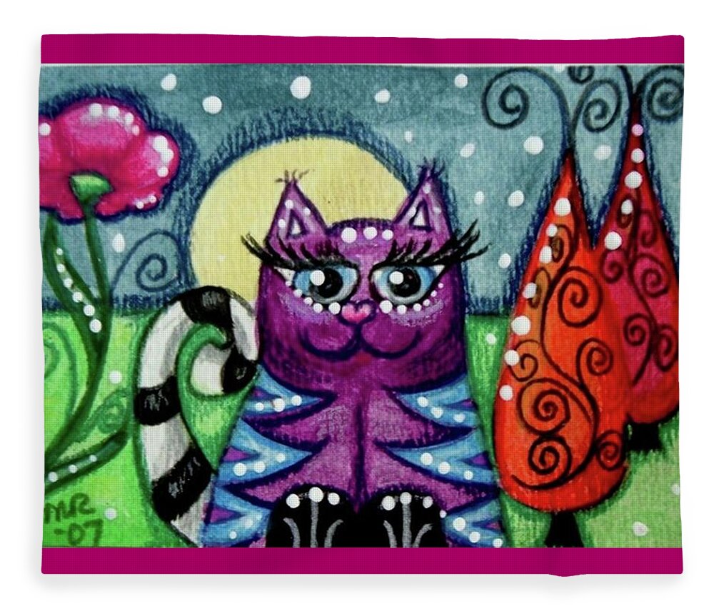 Whimsical Fleece Blanket featuring the painting Purple Kitty with Blue Stripes in Moonlight by Monica Resinger