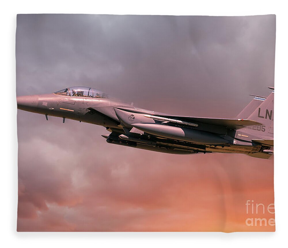 Usaf Fleece Blanket featuring the photograph RAF Lakenheath F-15 Eagle in flight with orange sun light by Simon Bratt
