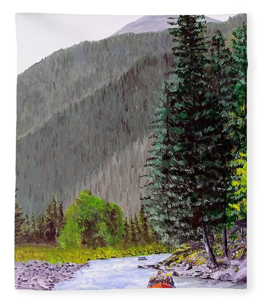 Gallatin River Fleece Blanket featuring the painting Rafting the Gallatin by Kevin Daly