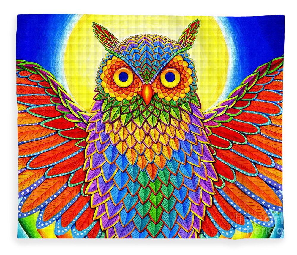 Owl Fleece Blanket featuring the drawing Rainbow Owl by Rebecca Wang