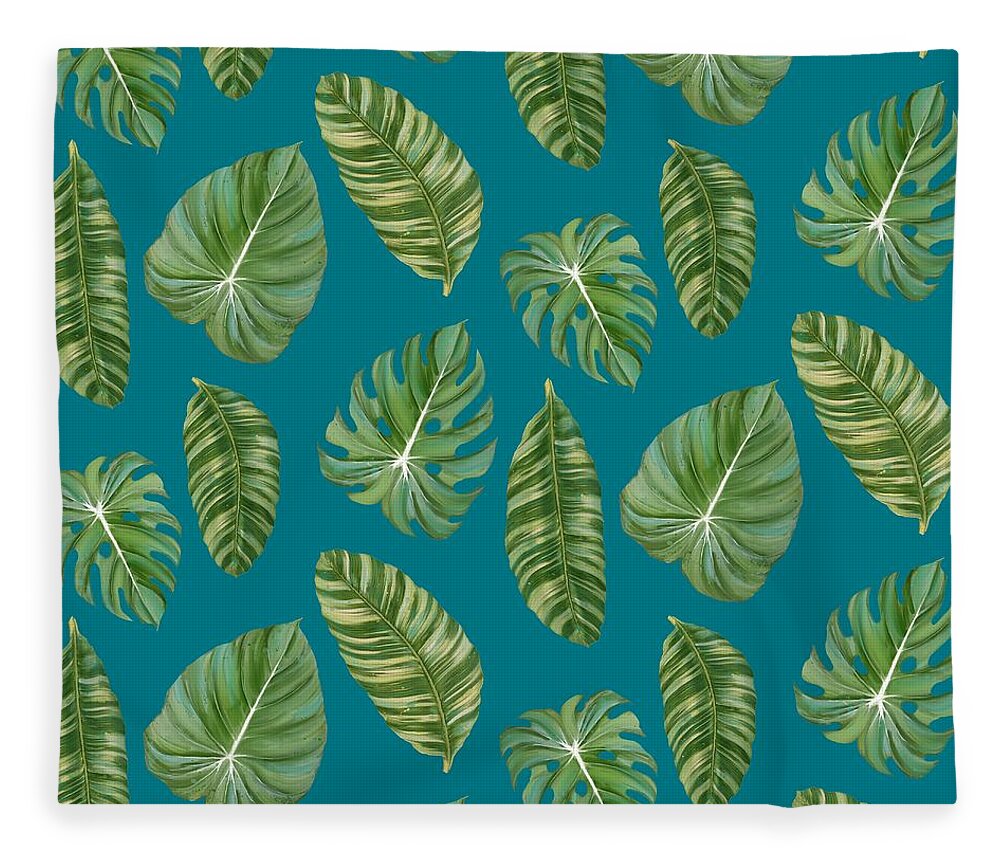Tropical Fleece Blanket featuring the painting Rainforest Resort - Tropical Leaves Elephant's Ear Philodendron Banana Leaf by Audrey Jeanne Roberts