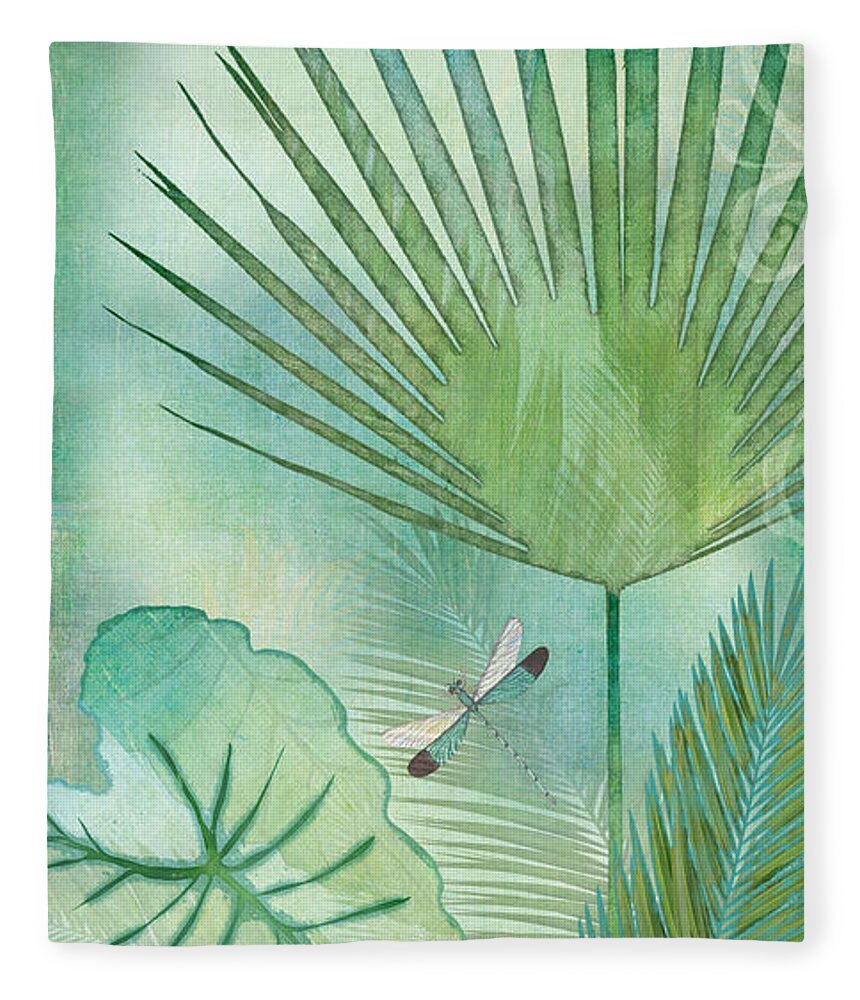 Jungle Fleece Blanket featuring the painting Rainforest Tropical - Elephant Ear and Fan Palm Leaves w Botanical Dragonfly by Audrey Jeanne Roberts