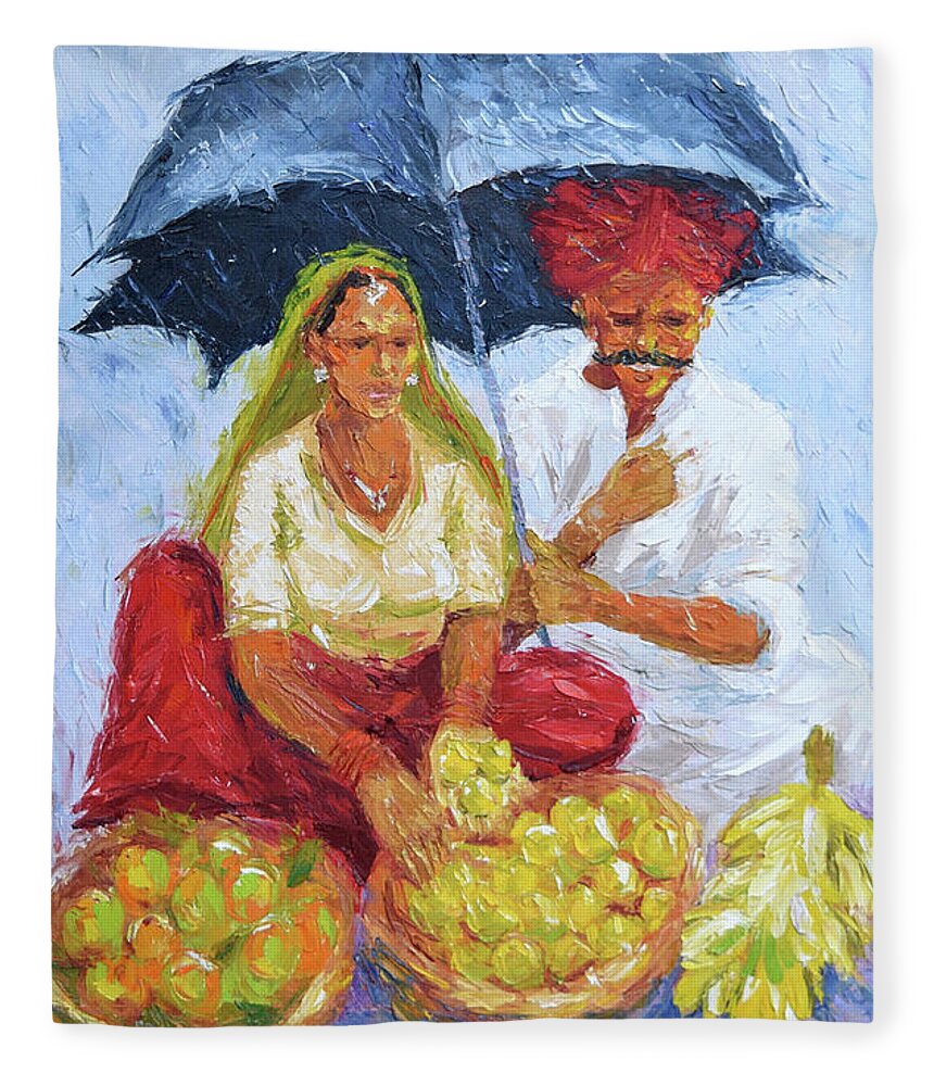  Fleece Blanket featuring the painting Rainy Day at the Market by Jyotika Shroff