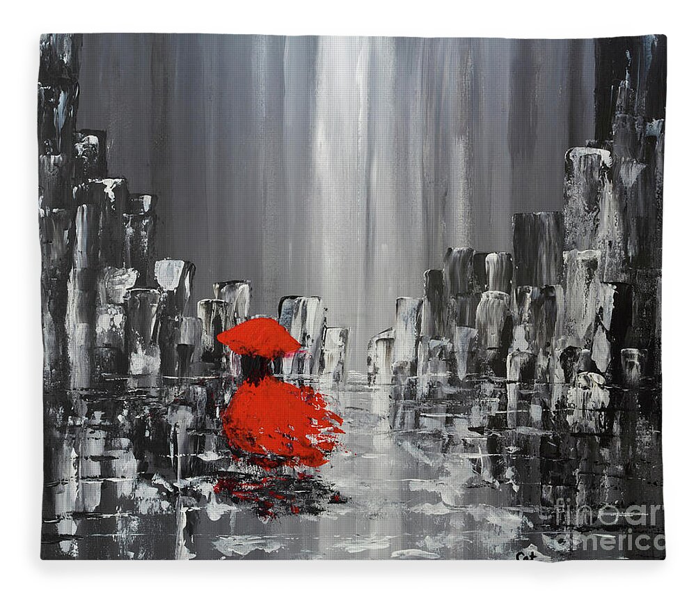 Abstract Painting Fleece Blanket featuring the painting Rainy Day City Girl In Red by Catalina Walker