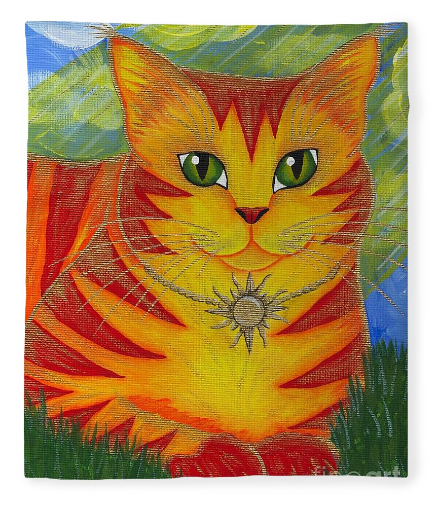 Rajah Fleece Blanket featuring the painting Rajah Golden Sun Cat by Carrie Hawks
