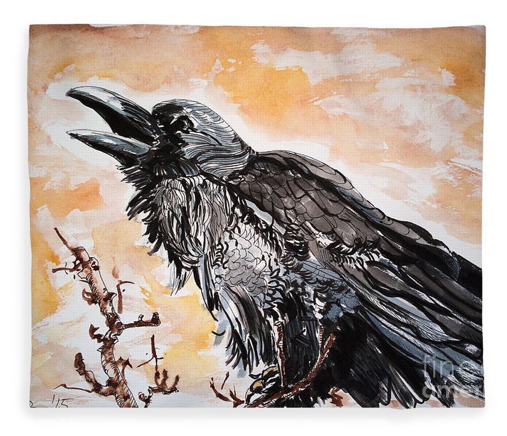 Watercolor Fleece Blanket featuring the painting Raven by Lidija Ivanek - SiLa