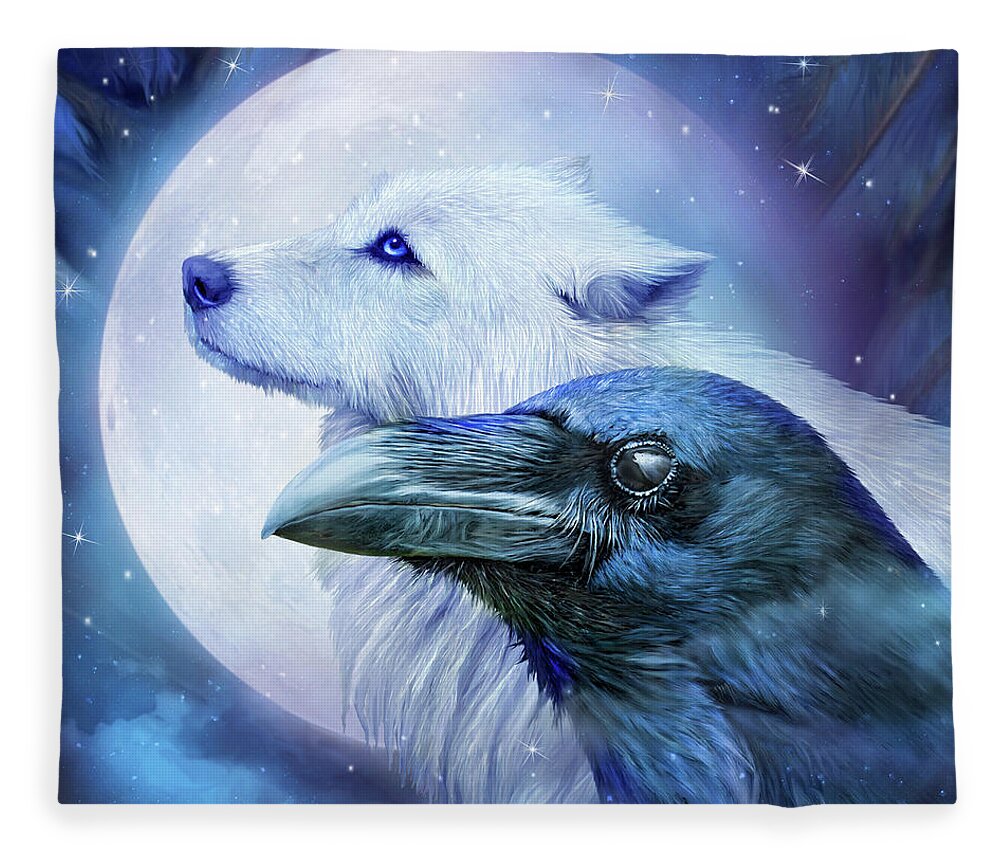 Carol Cavalaris Fleece Blanket featuring the mixed media Raven Wolf Moon by Carol Cavalaris
