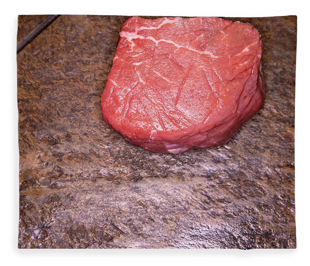 Beef Fleece Blanket featuring the photograph Raw filet mignon steak on slate by Karen Foley