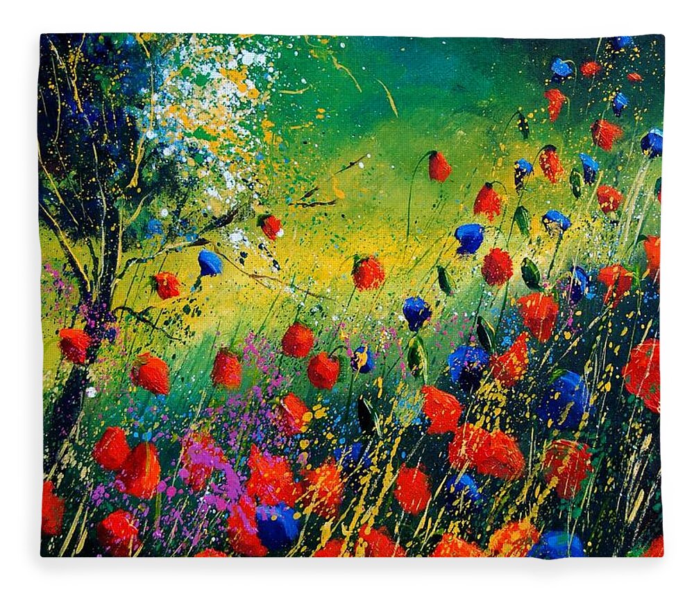 Flowers Fleece Blanket featuring the painting Red And Blue Poppies by Pol Ledent
