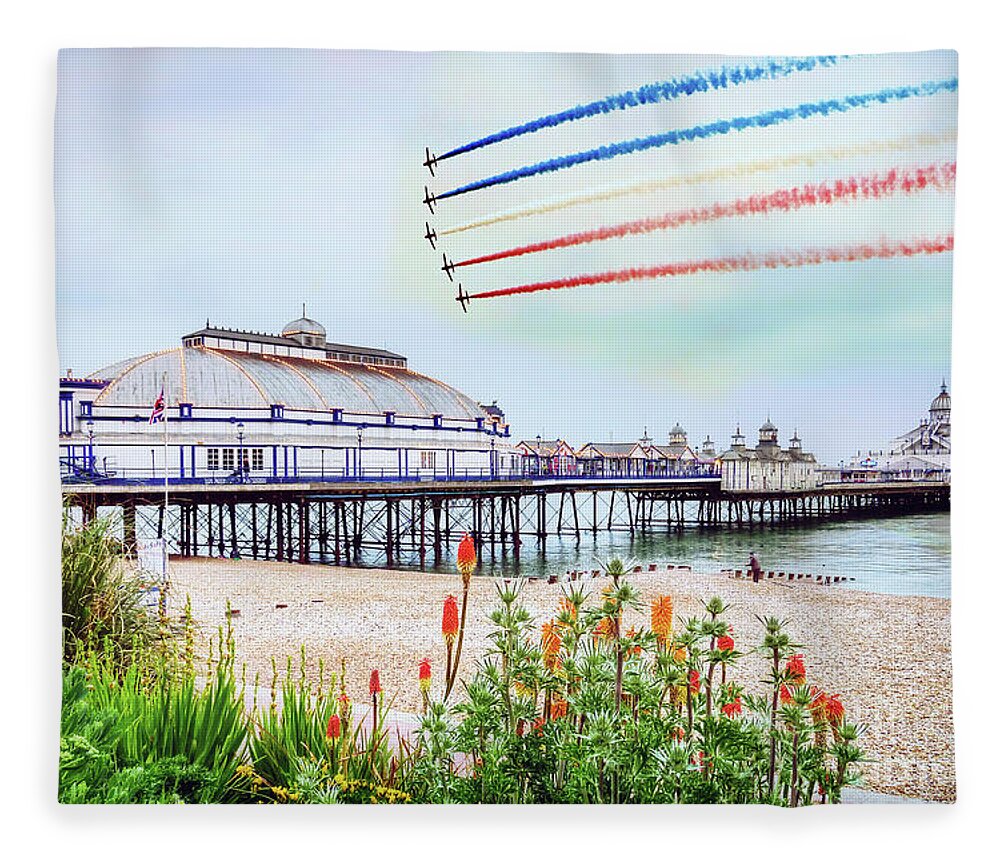 Red Arrows Fleece Blanket featuring the digital art Red Arrows Eastbourne Pier by Airpower Art