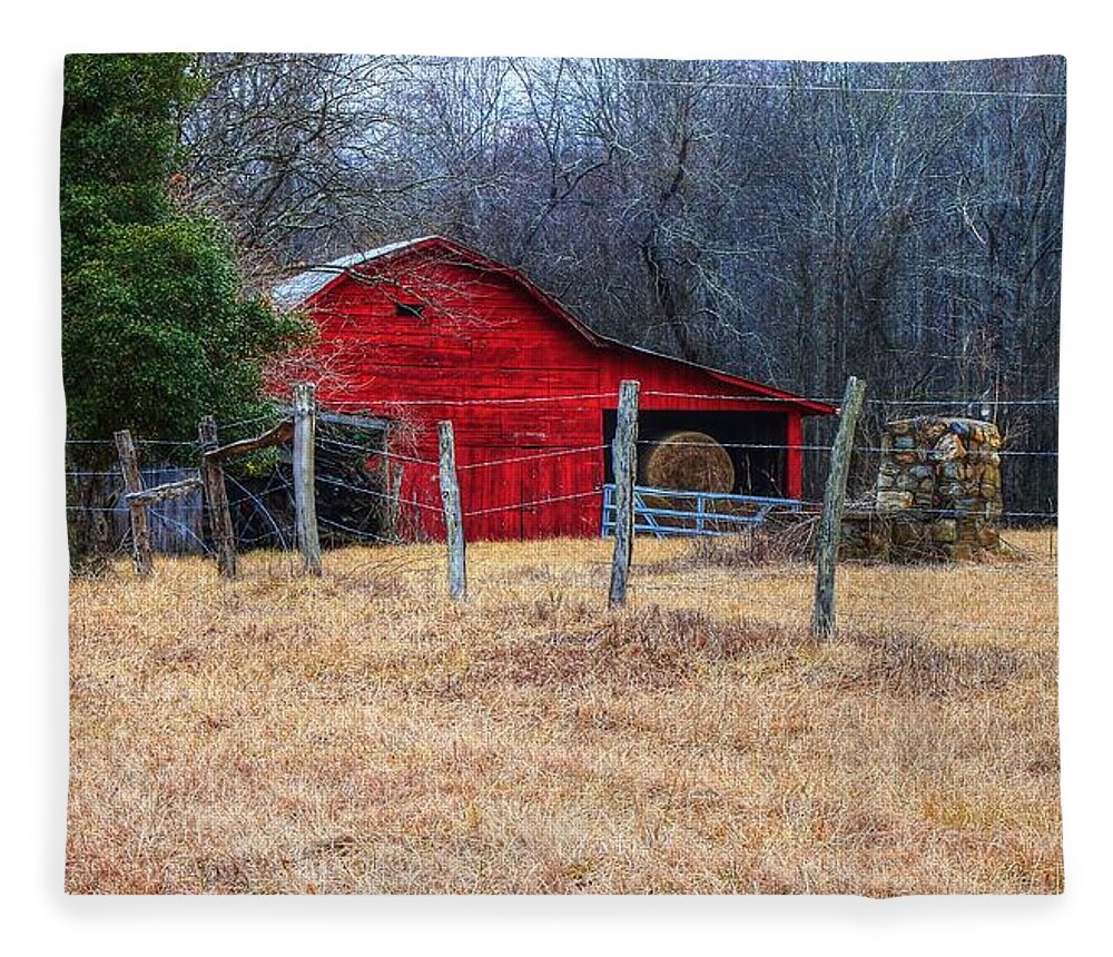 Red Barn Winter Fleece Blanket featuring the photograph Red Barn A Long The Way by Carol Montoya