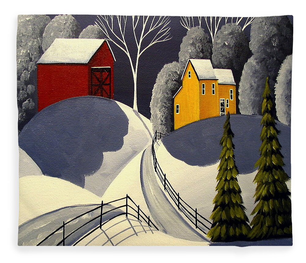 Art Fleece Blanket featuring the painting Red Barn In Snow by Debbie Criswell