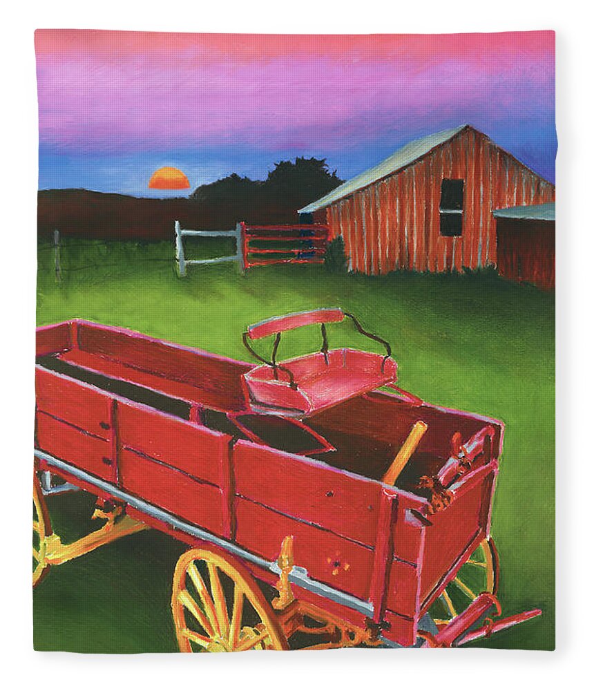 Texas Scenery Fleece Blanket featuring the painting Red Buckboard Wagon by Stephen Anderson