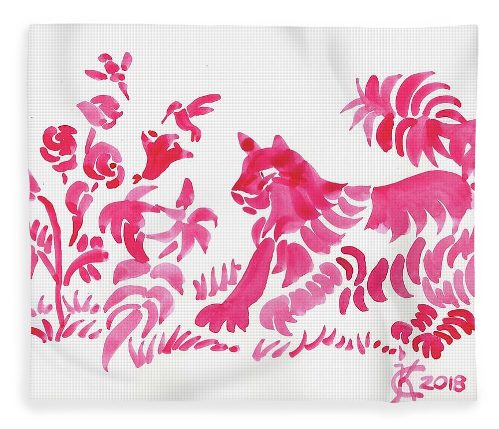 Red Cat Fleece Blanket featuring the painting Red Cat Florals direct watercolor by Catinka Knoth