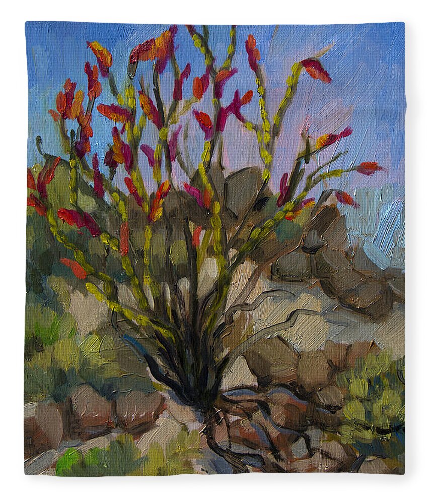Ocotillo Fleece Blanket featuring the painting Red Flame Ocotillo 5 by Diane McClary