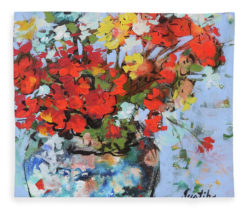  Fleece Blanket featuring the painting Red Flowers Vase by Jyotika Shroff