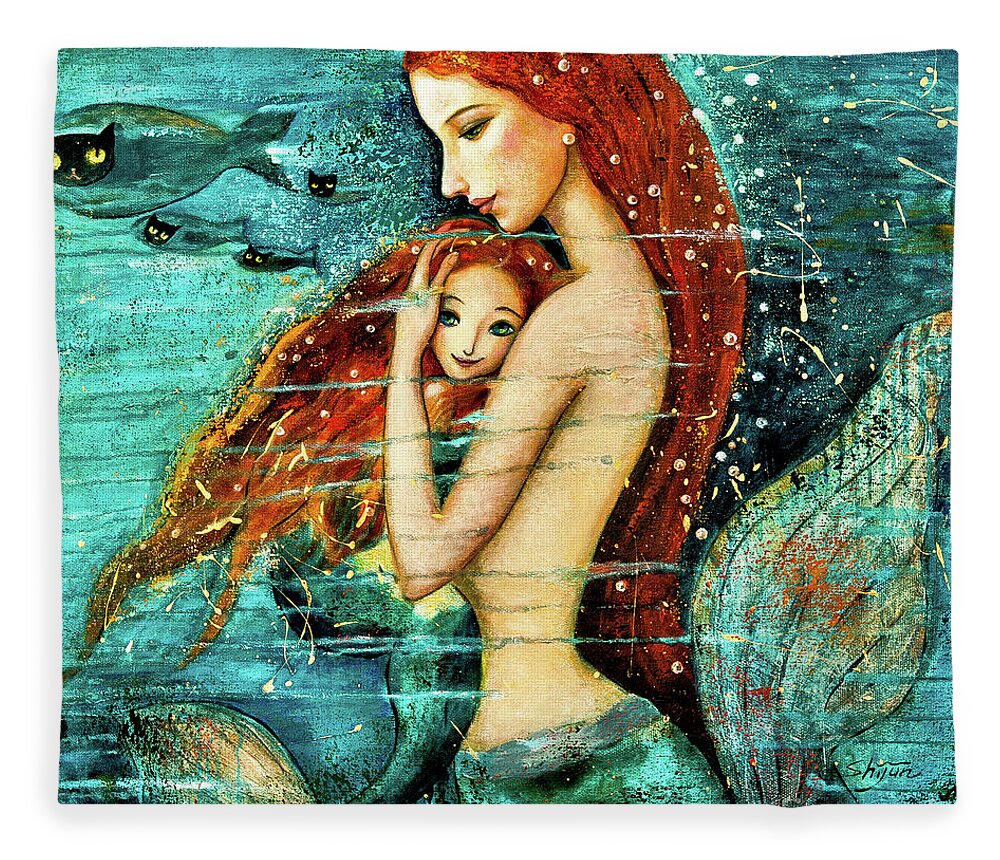 Mermaid Art Fleece Blanket featuring the painting Red Hair Mermaid Mother and Child by Shijun Munns