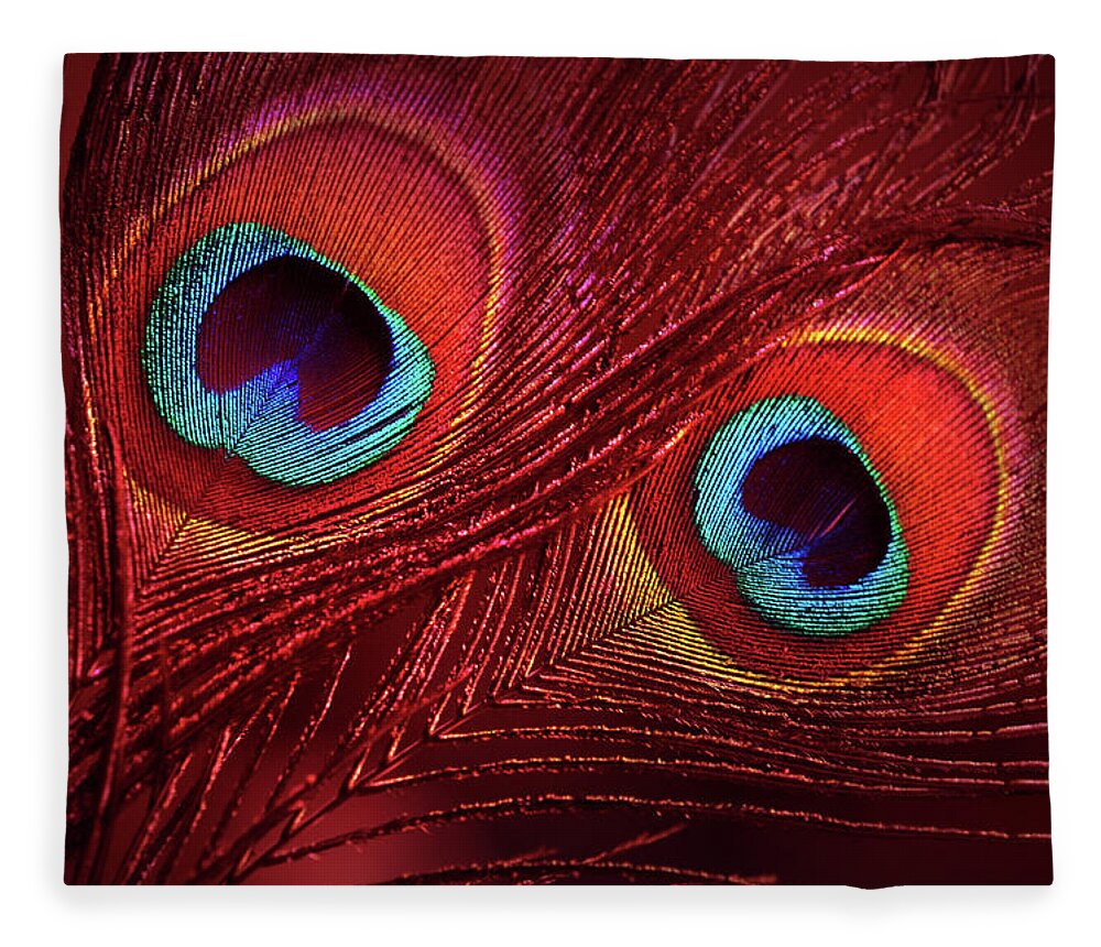 Red Peacock Feathers Fleece Blanket