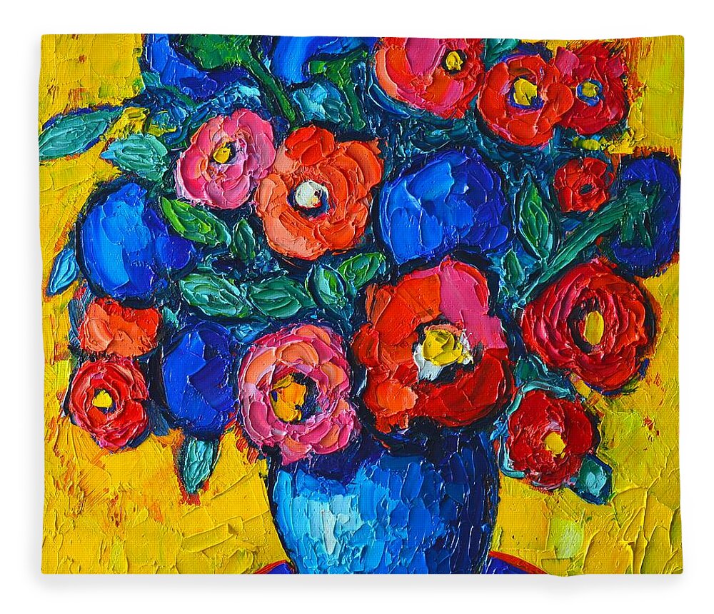 Poppies Fleece Blanket featuring the painting Red Poppies And Blue Flowers - Abstract Floral by Ana Maria Edulescu