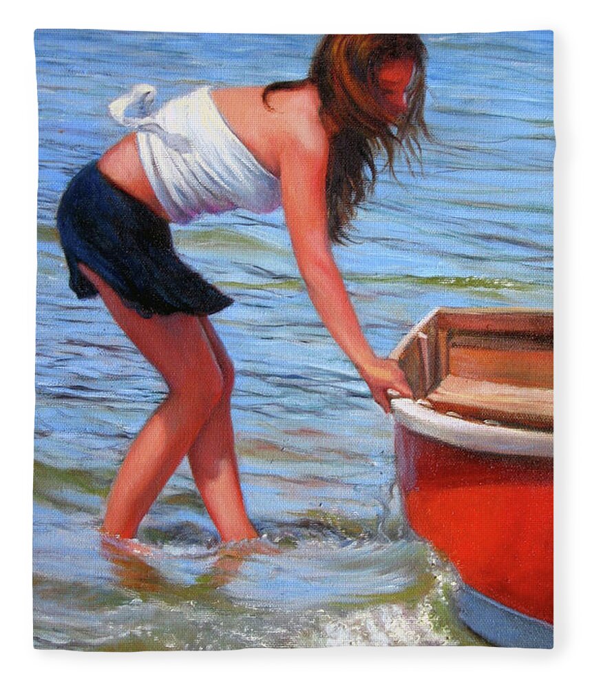 Girl At Shore Fleece Blanket featuring the painting Red Rowboat by Marie Witte