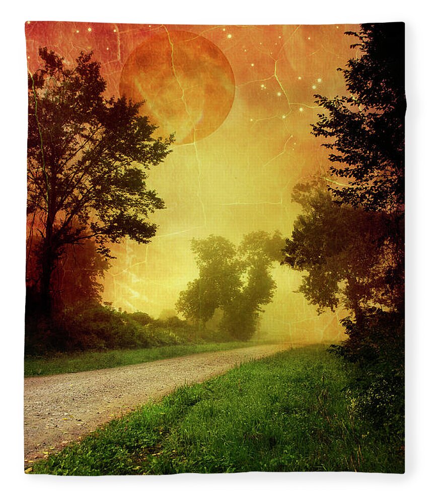 Sunset Fleece Blanket featuring the mixed media Red Sky Along Starry Pathway by Christina Rollo