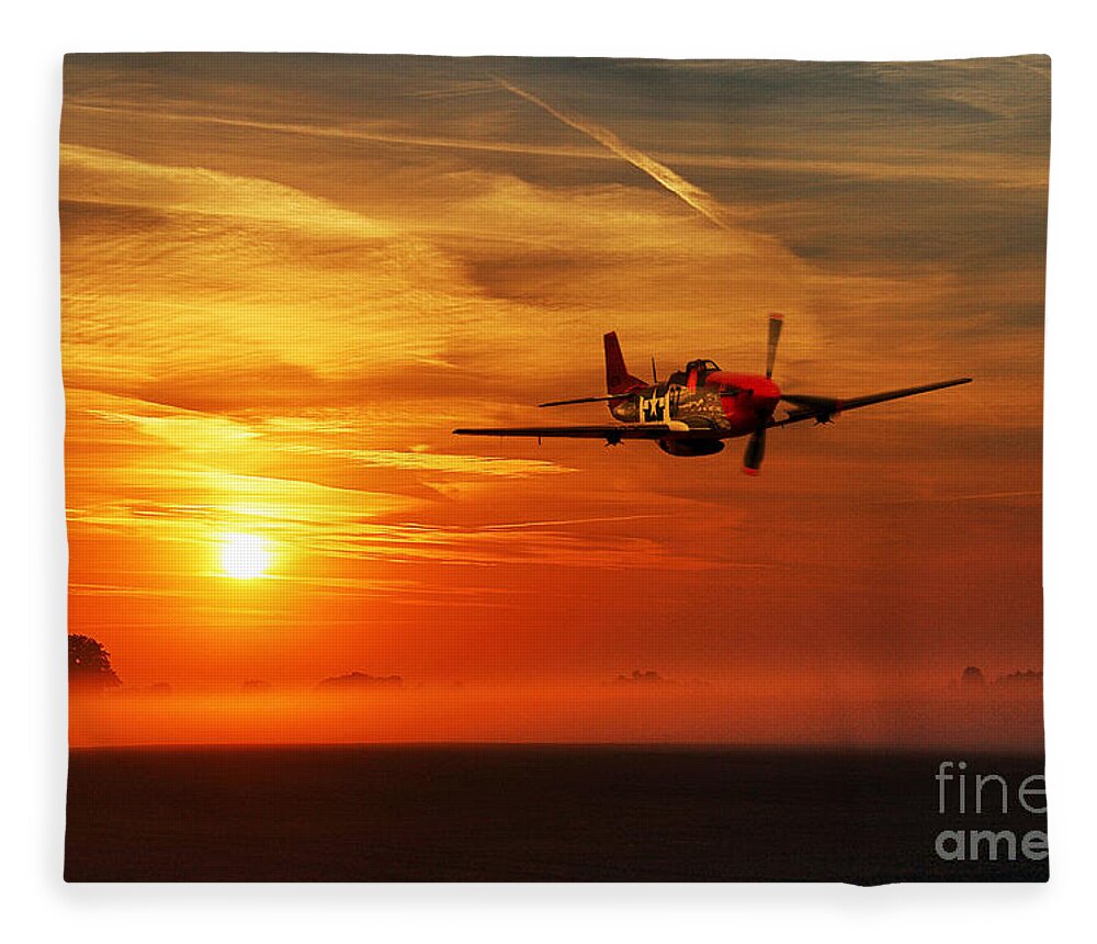 P51 Fleece Blanket featuring the digital art Red Tail Sunrise by Airpower Art