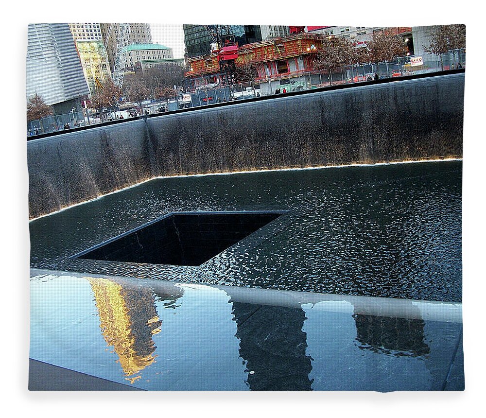 Reflecting Pool Fleece Blanket featuring the photograph Reflecting Pool at 9/11 Memorial Site in NYC by Linda Stern
