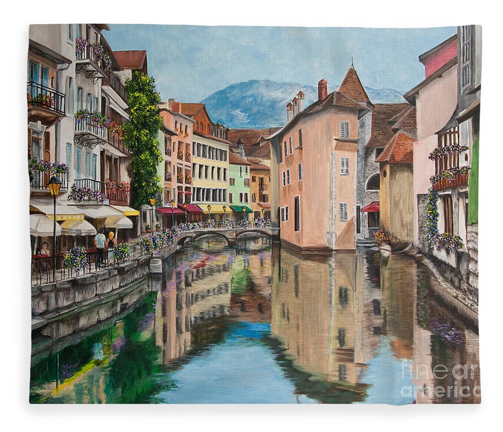 Annecy France Art Fleece Blanket featuring the painting Reflections Of Annecy by Charlotte Blanchard