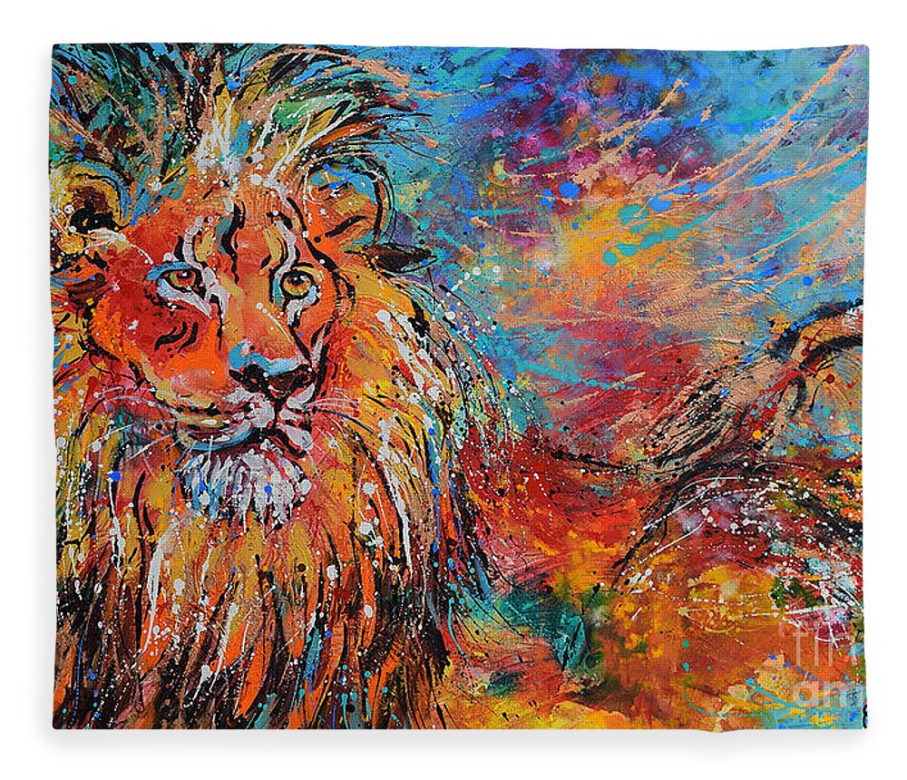 African Wildlife Fleece Blanket featuring the painting Regal Lion by Jyotika Shroff