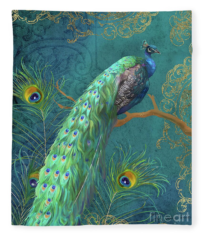 Peacock Fleece Blanket featuring the painting Regal Peacock 3 Midnight by Audrey Jeanne Roberts