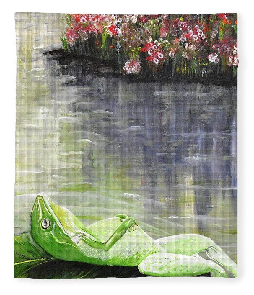 Art Fleece Blanket featuring the painting Relaxing Frog in a Sunny Pond by Medea Ioseliani