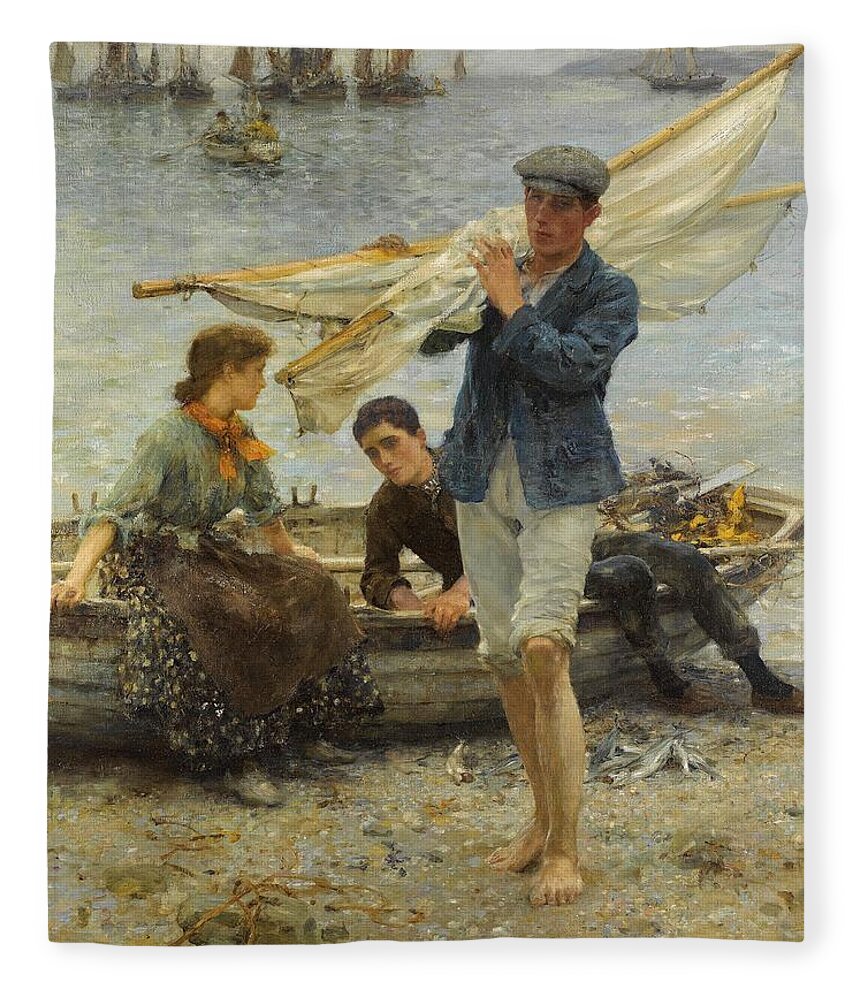 Return From Fishing Fleece Blanket featuring the painting Return from Fishing by Henry Scott Tuke
