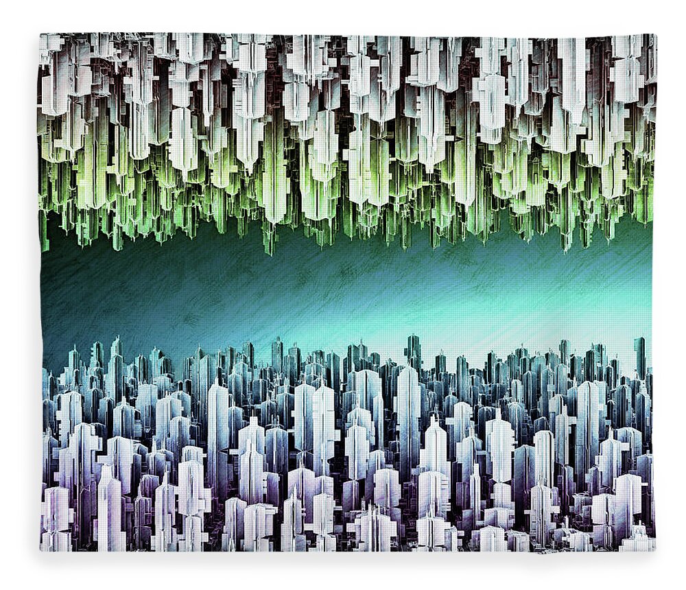 Architecture Fleece Blanket featuring the mixed media Reversible Futuristic Megalopolis City by Nenad Cerovic