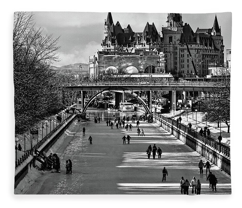 Rideau Canal Fleece Blanket featuring the photograph Rideau Canal is open for skating BW by Tatiana Travelways