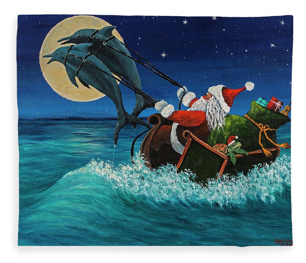 Santa Fleece Blanket featuring the painting Riding The Waves With Santa by Darice Machel McGuire