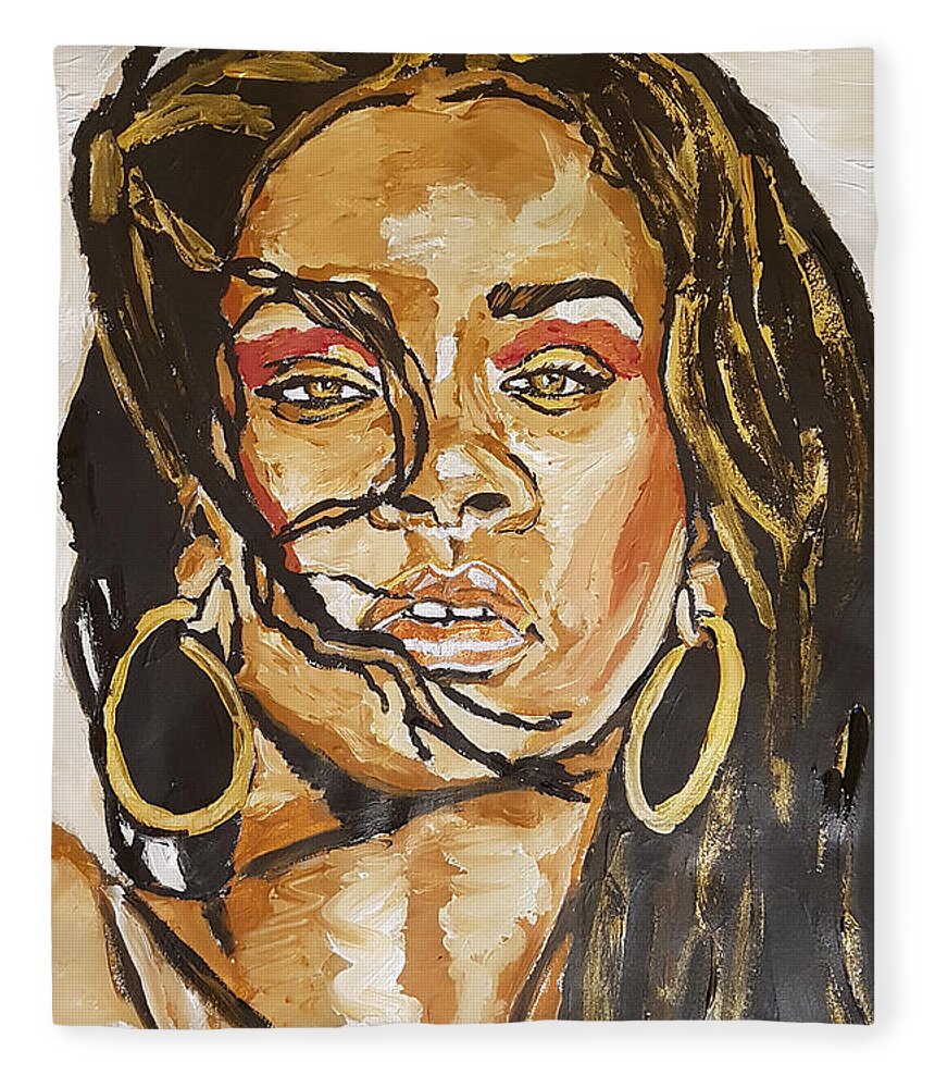 Rihanna Fleece Blanket featuring the painting Rihanna by Rachel Natalie Rawlins