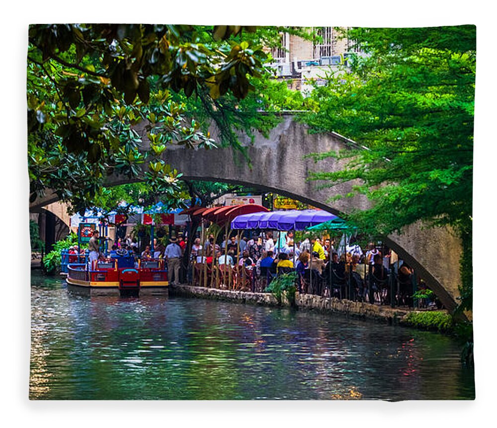 Arched Bridge Fleece Blanket featuring the photograph River Walk Dining by Ed Gleichman