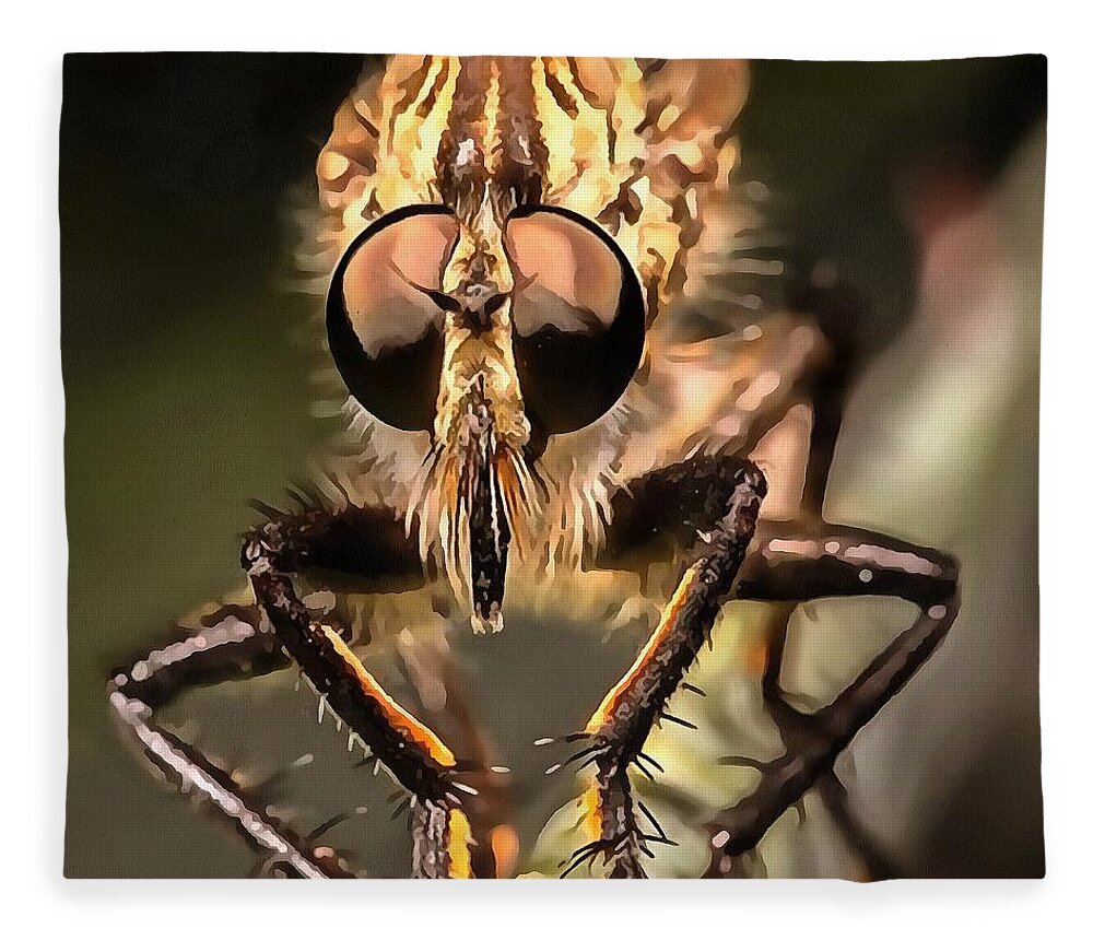 Fly Fleece Blanket featuring the painting Robber Fly Profile Asildae Close Up by Taiche Acrylic Art
