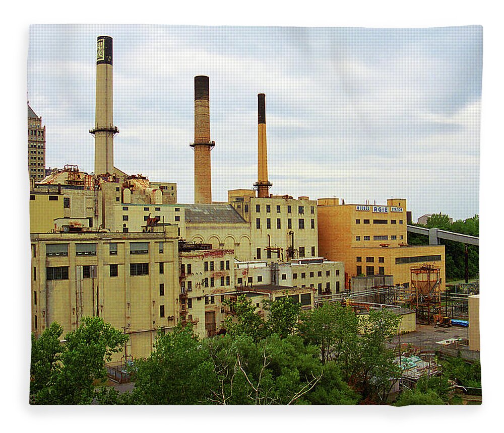 America Fleece Blanket featuring the photograph Rochester, NY - Factory and Smokestacks 2005 by Frank Romeo