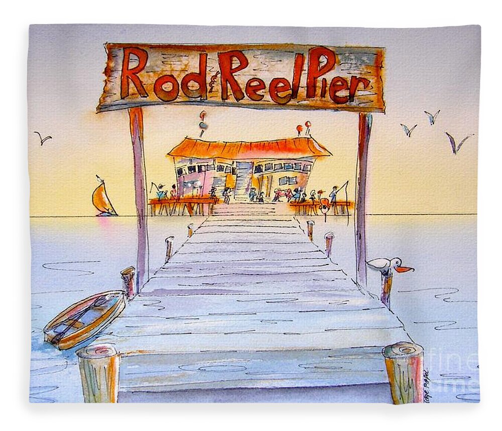 Calendar Fleece Blanket featuring the painting Rod And Reel Pier by Midge Pippel