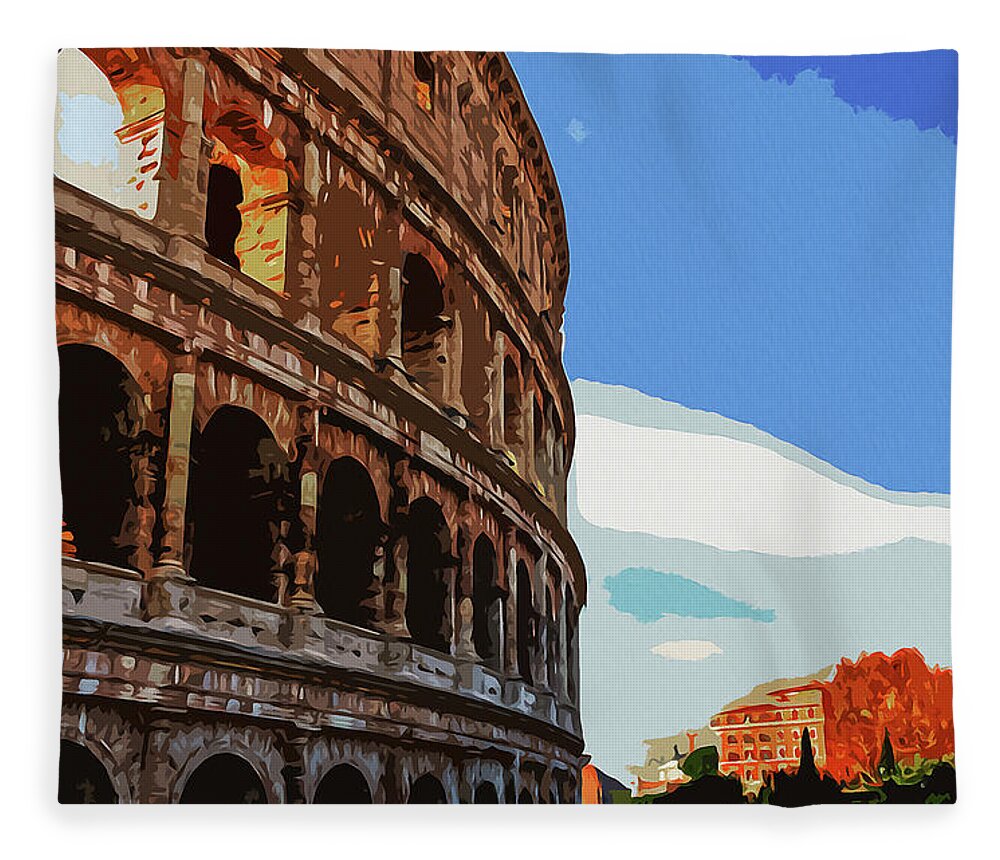 Colosseum Sunset Fleece Blanket featuring the painting Romantic sunset on the Colosseum by AM FineArtPrints