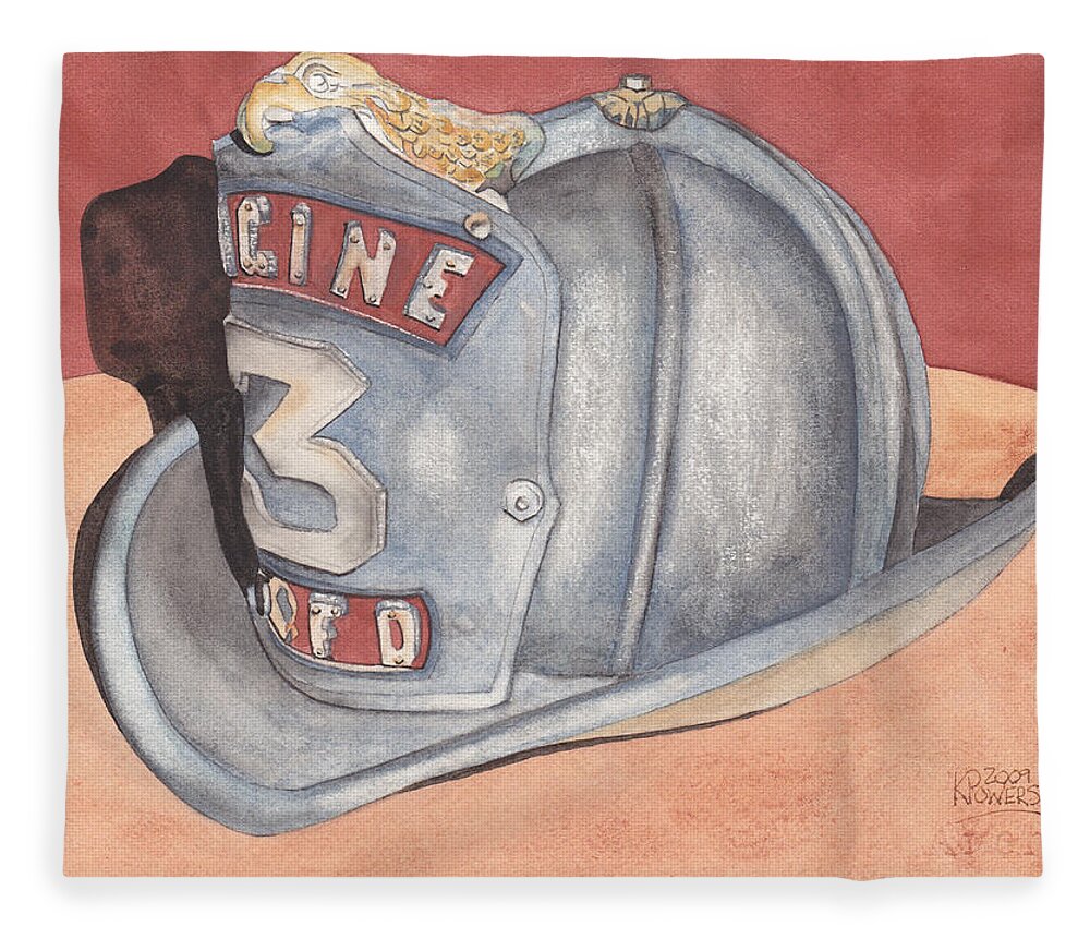 Fire Fleece Blanket featuring the painting Rondo's Fire Helmet by Ken Powers