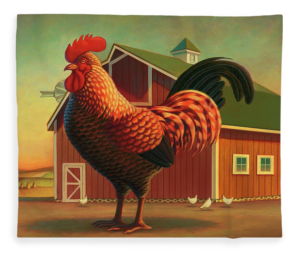Rooster Fleece Blanket featuring the painting Rooster and the Barn by Robin Moline