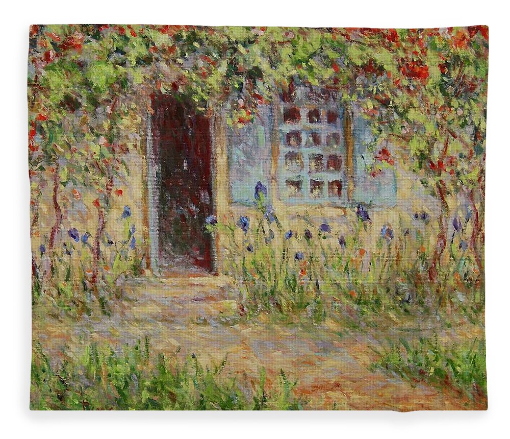 Rose Fleece Blanket featuring the painting Rose trees at the front of the house by Pierre Dijk
