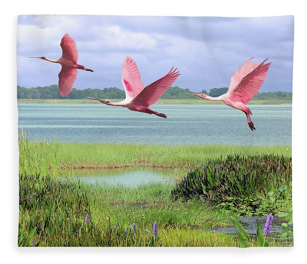 Birds Fleece Blanket featuring the digital art Roseate Spoonbills of Florida Bay by M Spadecaller