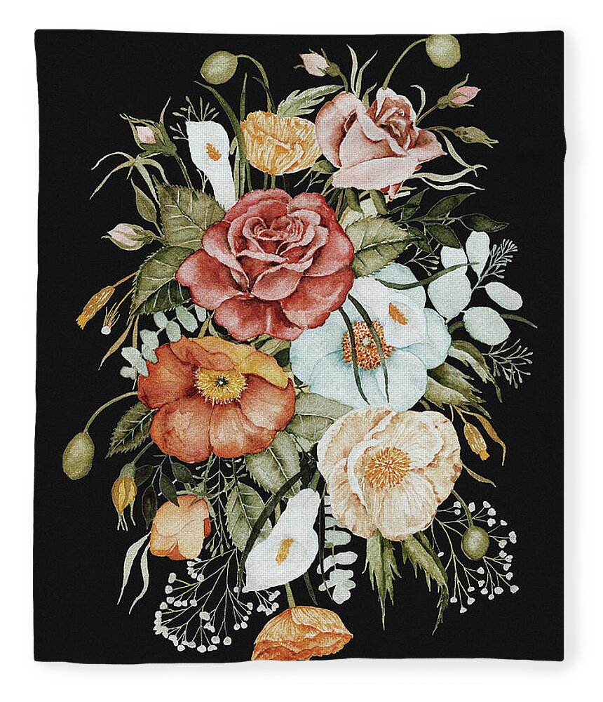 Florals Fleece Blanket featuring the painting Roses and Poppies Bouquet by Shealeen Louise