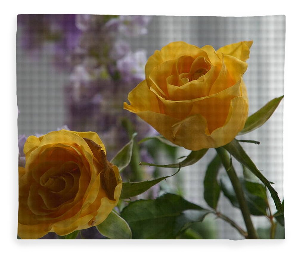 Floral Fleece Blanket featuring the photograph Roses on window sill. by Elena Perelman