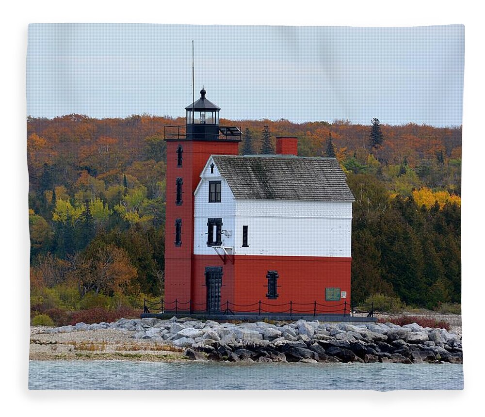 Lighthouse Fleece Blanket featuring the photograph Round Island Lighthouse in October by Keith Stokes