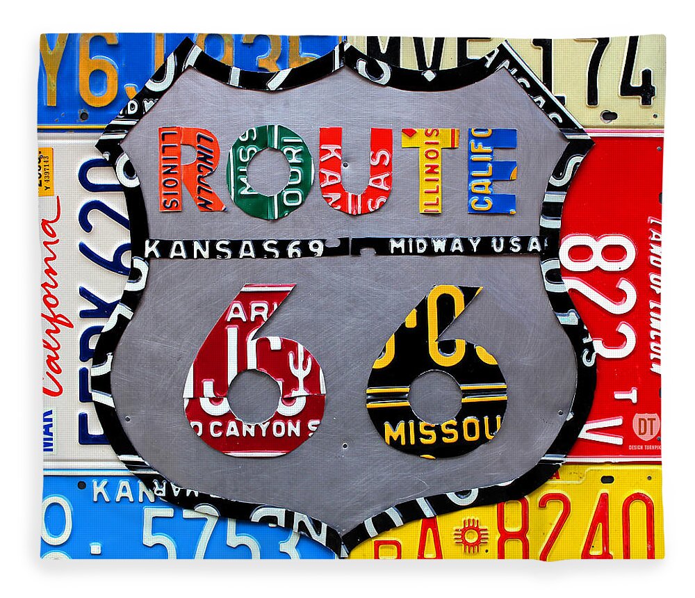 Route 66 Highway Road Sign License Plate Art Travel License Plate Map Fleece Blanket featuring the mixed media Route 66 Highway Road Sign License Plate Art by Design Turnpike